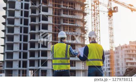 Engineer working at building outdoor site. 127978811