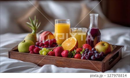 Bedside fruit and juice tray. Fresh and colorful assortment of fruits with orange and assorted fruit juice.  Healthy and delicious breakfast. 127978814