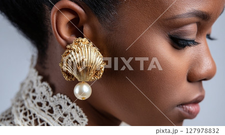 Elegant earring: A gilded seashell earring with a lustrous pearl accentuates the beauty of a woman with flawless makeup and a lace collar. 127978832