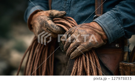 Leather-gloved hands hold a coiled rope, symbolizing ranch work and outdoor lifestyle. Vintage attire adds a rustic touch. 127978833
