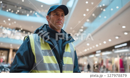 Mall security guard in high-visibility vest patrols with determined expression. He is wearing a dark cap and stands in a brightly lit shopping mall. Mall security guard in high-visibility vest patrols with determined expression. He is wearing a dark cap and stands in a brightly lit shopping mall. 127978879