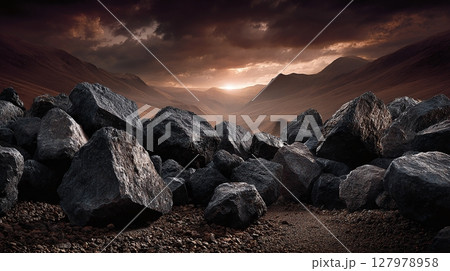 Mountain landscape with dark rocks under a cloudy sky. The sun sets behind distant peaks, creating a dramatic and rugged scene. 127978958
