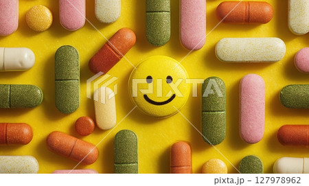 An overhead shot of pills and capsules of different colors spread on a yellow background with a yellow smiley face pill in the center. 127978962