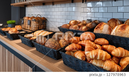 Fresh bakery display with croissants, bread, and pastries arranged in wicker baskets on a countertop. Rustic ambiance with tile backsplash. 127978963