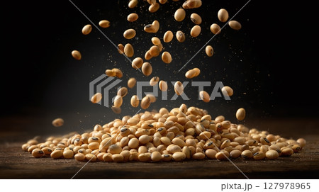 Falling Raw Soybeans: A pile of raw soybeans is seen on a table with more falling from above, against a dark background, for a balanced, natural composition. 127978965