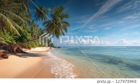 Serene beach scene with palm trees, golden sand, and clear turquoise water under a blue sky with scattered clouds. A tranquil tropical paradise. 127978968