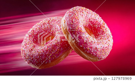 Two pink frosted doughnuts with sprinkles on a vibrant pink background create a sweet treat scene that's perfect for a dessert craving, tasty, yummy. 127978969