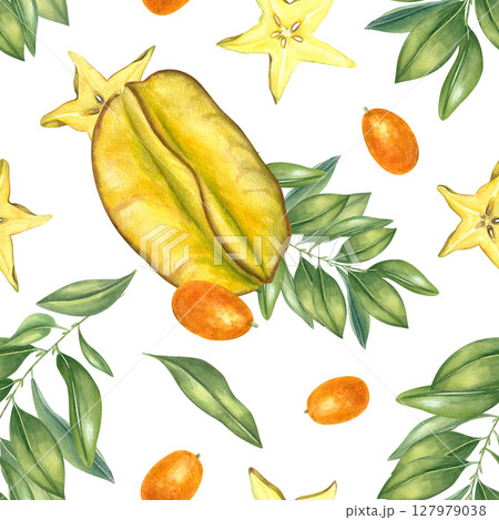 Carambola slices, kumquats and green leaves hand painted watercolor seamless pattern isolated background. Exotic citrus fruit for tropical designs, food packaging, summer collection, home decor. Carambola slices, kumquats and green leaves hand painted watercolor seamless pattern isolated background. Exotic citrus fruit for tropical designs, food packaging, summer collection, home decor. 127979038