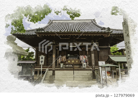 水彩画風　四国八十八箇所83番　一宮寺　本堂　香川県高松市 127979069