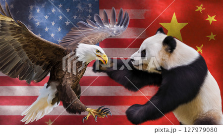 Conflict between American bald eagle and Chinese panda against their national flags  127979080