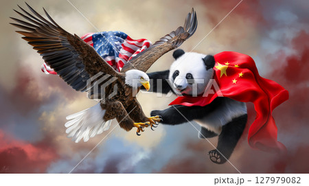 Bald eagle and panda in a symbolic struggle representing America and China Bald eagle and panda in a symbolic struggle representing America and China 127979082
