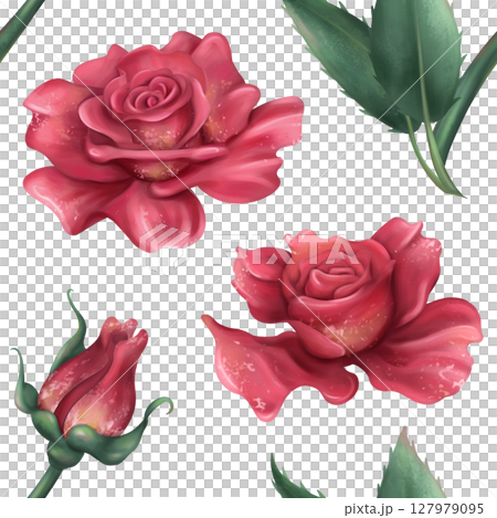 Seamless pattern with burgundy red blooming vintage roses with green petals and buds. Romance and beauty. Elegant Victorian decorations, background 127979095
