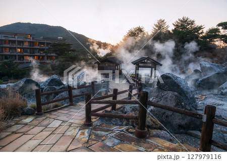 Mount Unzen Hell valley Jigoku walking trail at sunset, Nagasaki Mount Unzen Hell valley Jigoku walking trail at sunset, Nagasaki 127979116