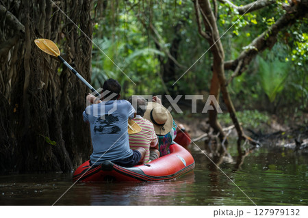 Local guide use paddle to point to Banyan Tree at Little Amazon 127979132
