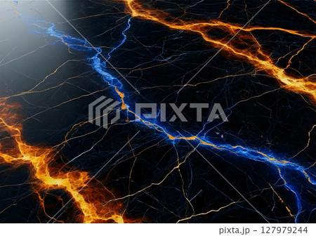 mystery dark marble base of black obsidian with veins in electric blue and fiery amber 127979244