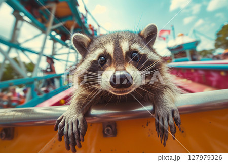 Excited raccoon riding a roller coaster, mouth wide open in thrill, with tracks and blue sky in the background Excited raccoon riding a roller coaster, mouth wide open in thrill, with tracks and blue sky in the background 127979326
