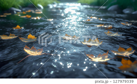 Autumn leaves floating in a stream under the sun's rays Autumn leaves floating in a stream under the sun's rays 127979339