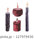 Set Witch's magical red and violet wax candle flame isolated on white background. Watercolor hand drawn dark fantasy sketch illustration. Art design mystical halloween witch decoration greeting card 127979436