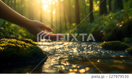 hand touching a stream in a forest at sunset 127979530