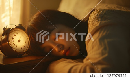 young woman sleeping peacefully next to vintage alarm clock 127979531