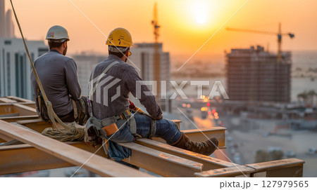 Construction workers engage in tasks on an industrial building 127979565