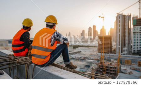 Construction workers relax on industrial building rooftop at sunset overlooking city skyline 127979566