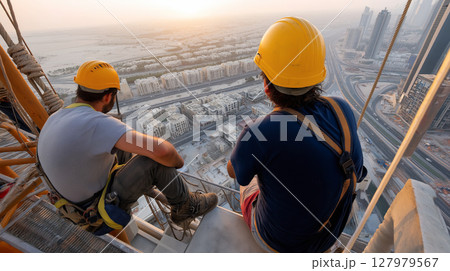 Construction workers on top of an industrial building overlooking the city 127979567