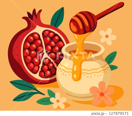 Rosh Hashanah. Jewish New Year. Pomegranate and honey. Bright vector poster Rosh Hashanah. Jewish New Year. Pomegranate and honey. Bright vector poster 127979571