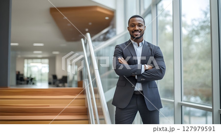 confident businessman smiling in modern office building confident businessman smiling in modern office building 127979591