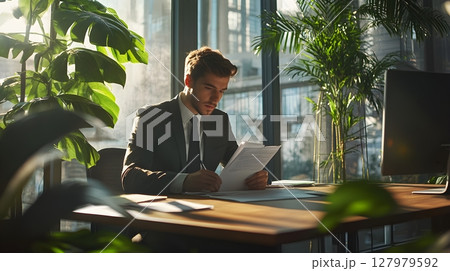 businessman reviewing documents in modern office businessman reviewing documents in modern office 127979592