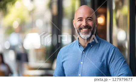 happy bald man smiling outdoors 127979677