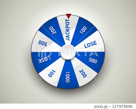 White blue fortune wheel spin mashine. Cut frame, isolated on white background. Casino banner design element or icon. Blue and white color sector 127979696