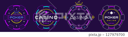 Set of neon glowing poker and casino chips with vibrant outlines, modern typography and crown details. Perfect for gambling UI, game design, or digital casino branding Set of neon glowing poker and casino chips with vibrant outlines, modern typography and crown details. Perfect for gambling UI, game design, or digital casino branding 127979700