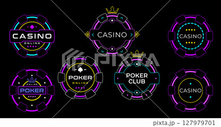 Vector set of neon casino and poker chip logos with bright colorful lines on black background. Perfect for online gambling, poker clubs, games, banners, and app design 127979701