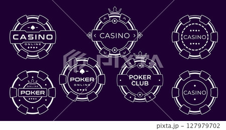 Vector set of casino and poker chip logo designs in white outline style on dark background. Suitable for online gambling, poker club branding, or mobile game design 127979702