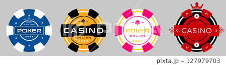Set of colorful online poker and casino chips icons with modern typography and minimalistic style. Solid flat colors. Perfect for gambling UI, slot machine interfaces, and betting platforms 127979703