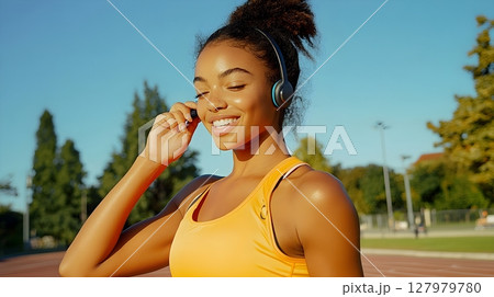 happy woman listening to music while exercising outdoors 127979780