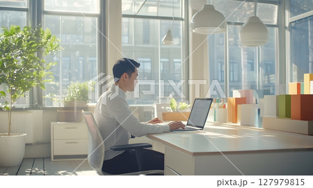 man working on laptop in bright office 127979815