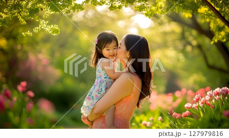 mother kissing daughter in spring garden 127979816