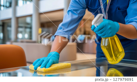 Cleaning worker sanitizes office table to maintain a tidy environment for employees and visitors Cleaning worker sanitizes office table to maintain a tidy environment for employees and visitors 127979891