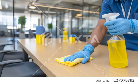 Cleaning worker sanitizes office table to maintain a hygienic environment 127979892