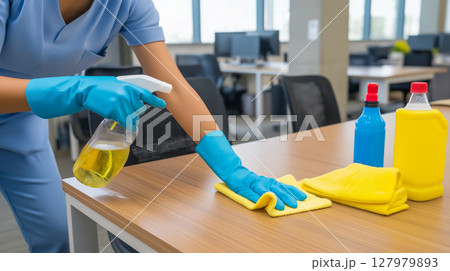 Cleaning worker sprays disinfectant on table while tidying office workspace Cleaning worker sprays disinfectant on table while tidying office workspace 127979893