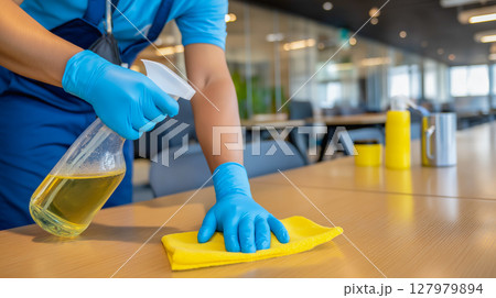 Cleaning worker maintains cleanliness in office by wiping down table surfaces with care 127979894
