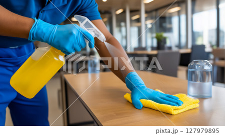 Cleaning worker sanitizes office table, ensuring a hygienic workspace 127979895