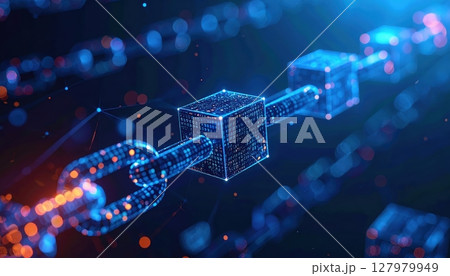 High Tech Digital Blockchain Chain with Cubes and Light Effects Representing Data Security and Cryptocurrency Technology Visualization 127979949
