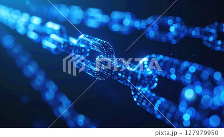 Highly detailed digital illustration of interconnected glowing chain links representing blockchain technology with a futuristic blue background for digital security and innovation 127979950