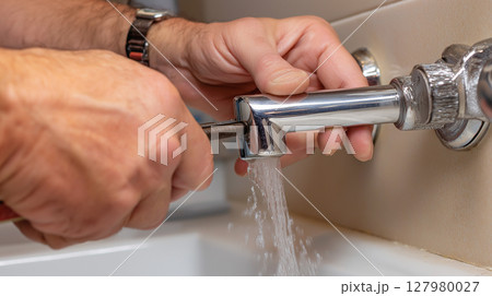 Hands repairing a leaking pipe under the sink Hands repairing a leaking pipe under the sink 127980027