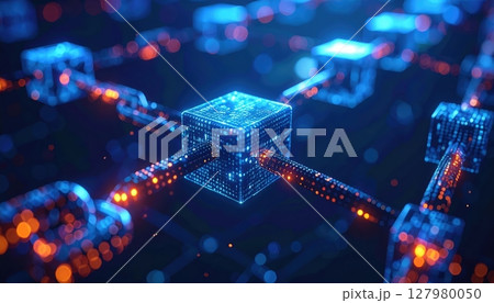 Futuristic digital network with glowing interconnected blocks and data points highlighting advanced technology and data communication in a high-tech environment 127980050