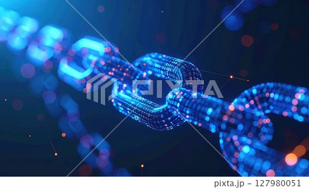 Close-up of a glowing digital chain link representing blockchain technology with futuristic blue light effects on dark background 127980051