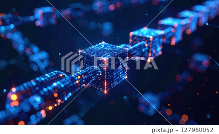 Futuristic digital cityscape with glowing blue data blocks interconnected by bright neon lines and a dark background emphasizing advanced technology and innovative graphics 127980052